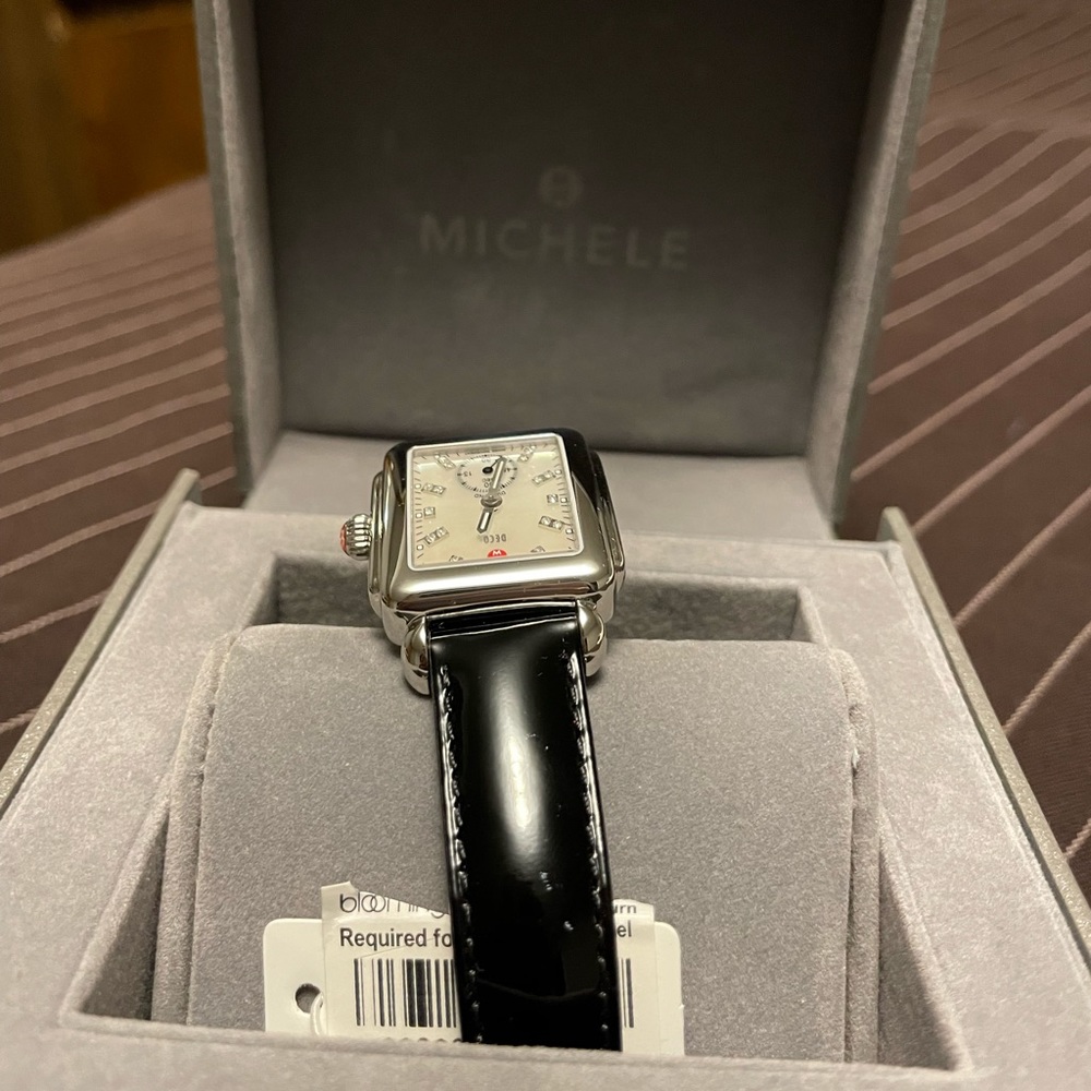 Michele Watch, silver face with leather band